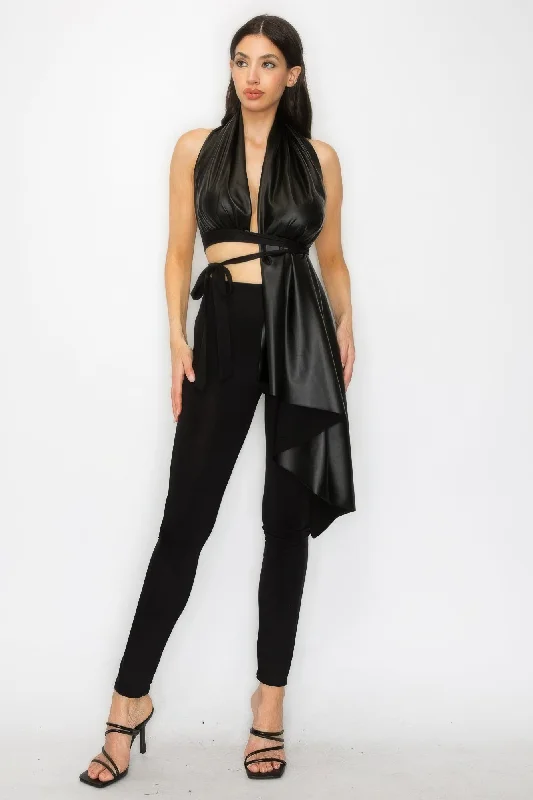 Faux Leather Top Pants Set Soft Stretch Leggings