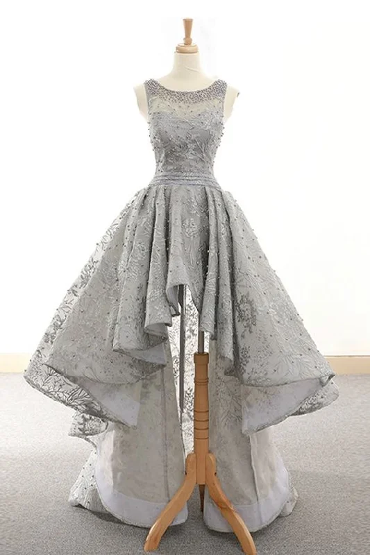 Gray lace scoop neck high low scoop neck homecoming dress, gray beaded party dress cg1302 Tunics Recommended stylist