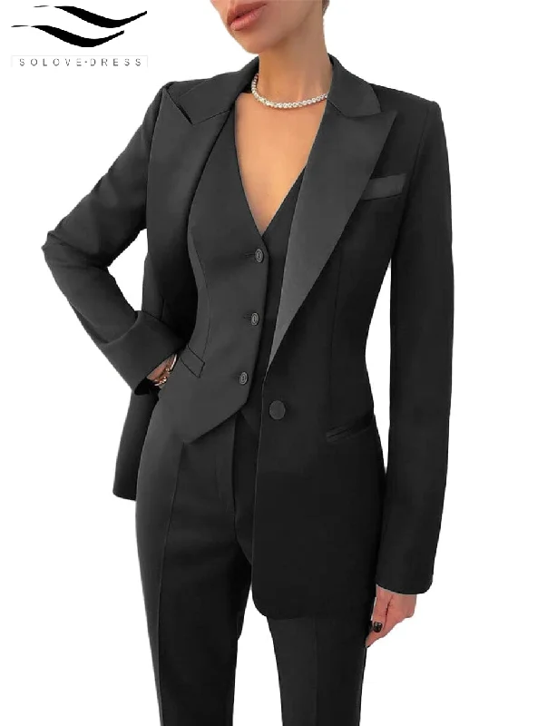 Women's Business 3 Pieces Slim Fit Solid Color Peak Lapel Suit (Blazer+vest+Pants) Comfortable Wide-Leg Pants