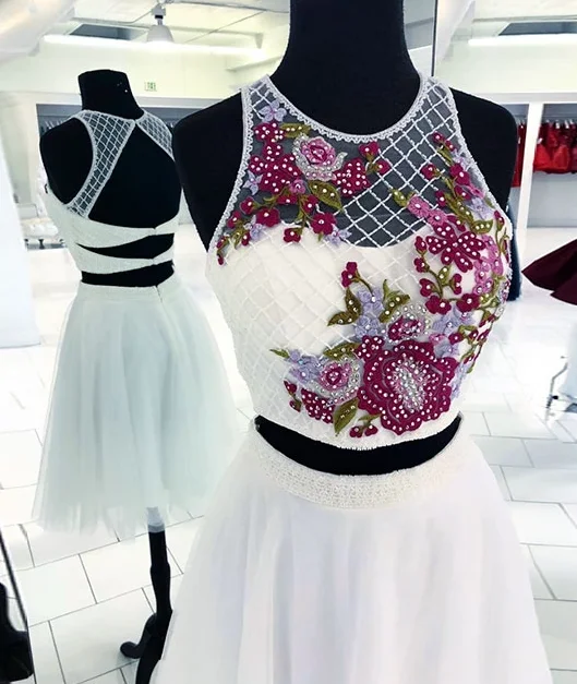 White round neck two pieces beads short party dress, white homecoming dress cg4995 Boatneck Modish Everyday