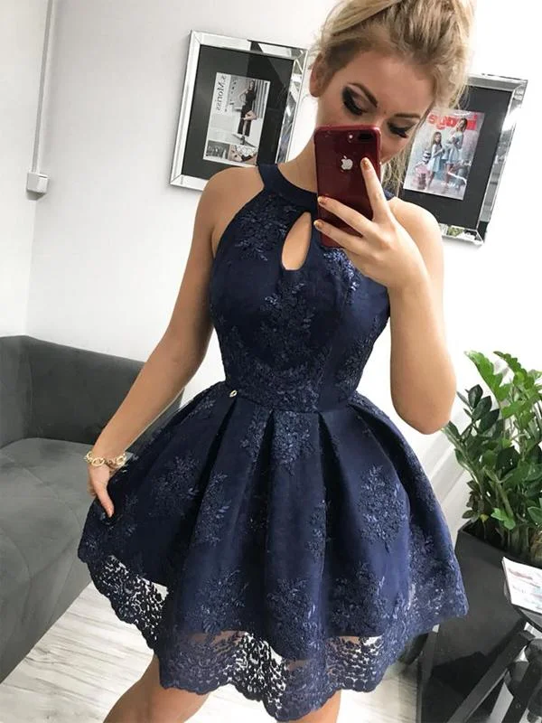 Navy Lace Halter Simple Party Dresses Homecoming Dresses cg755 empire Waist empire
