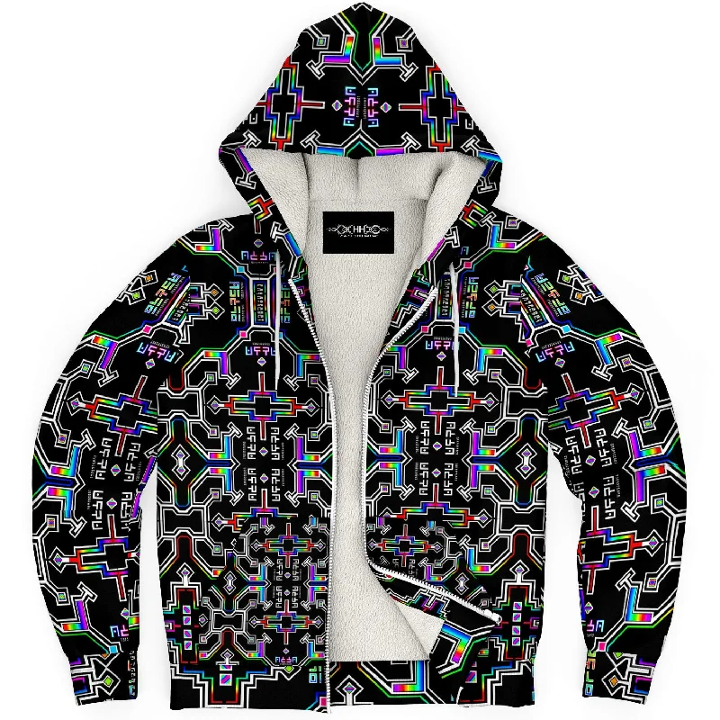 Prismatic Grid Micro Fleece Hoodie Zip Hoodie Drawstring Kangaroo Pocket