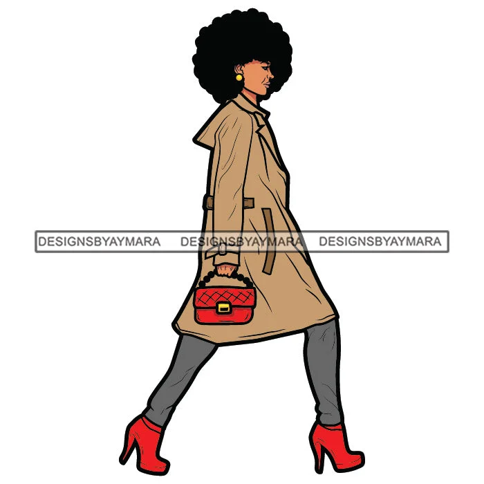 Walking Woman Holding Red Hand Bag Clutch Wearing Winter Long Coat Tights Pant High Heel Shoes Curly Black Hairs Hair Girl SVG JPG PNG Vector Clipart Cricut Silhouette Cut Cutting Soft Cotton Pants