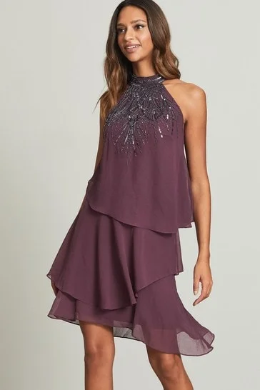 Berry Halter Embellished Dress Tunics Trendy modern