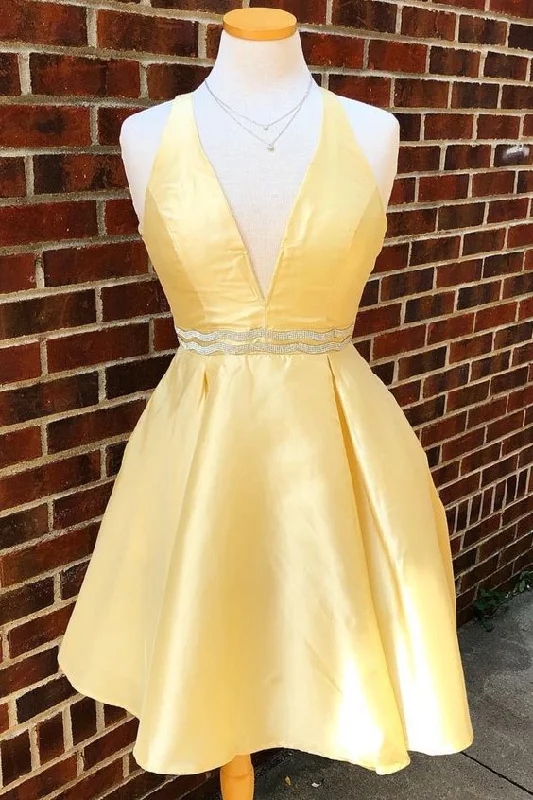 V Neck Yellow Homecoming Dresses Party Dresses cg2258 Lace Sexy Club