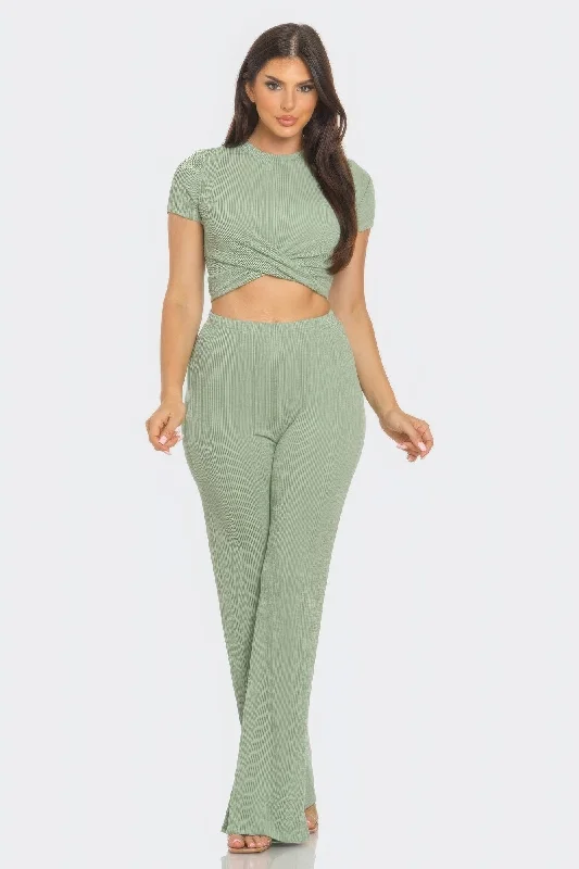 Front Twist Detail Top And Flare Pants Set Formal Wide-Leg Pants