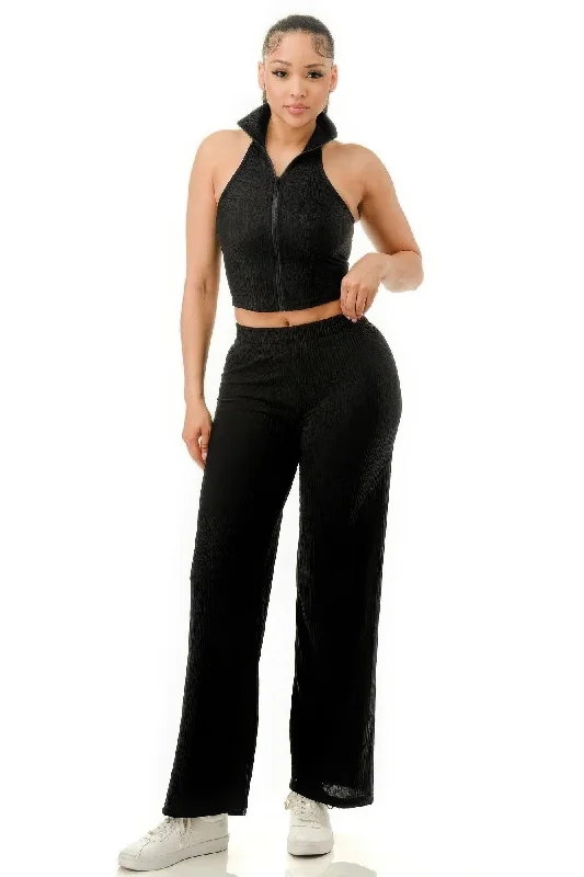 Crinkle Wide Pants Set Zipper Modern Skinny Pants