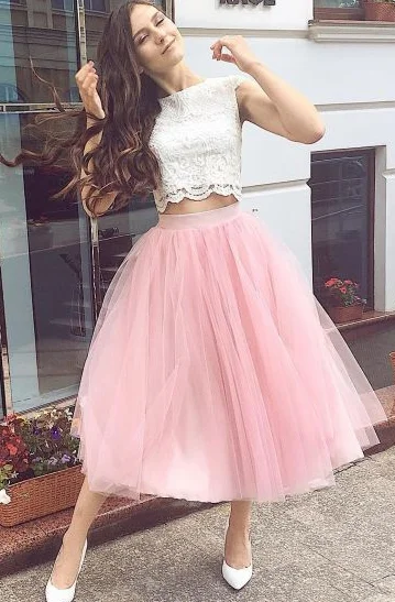 Fashion Two Piece Pink Homecoming Dress, Tulle Lace Party Dress  cg8030 Tunics Top Casual