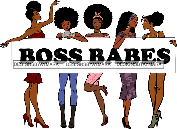 Boss Babes Black Woman Group Lipstick Makeup Curly Hairs Wavy Hair Wearing Dress Pant Shirt Long Heel Shoes Classy Mature Girl Magic Melanin Nubian African American Lady SVG JPG PNG Vector Clipart Cricut Silhouette Cut Cutting Cozy Maternity Pants