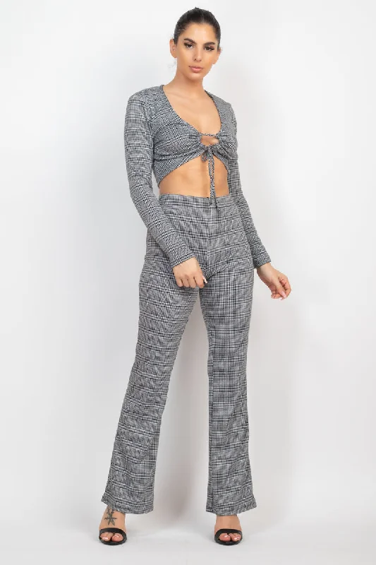 Plaid Cut-out Long Sleeve Top & Pants Set Relaxed Linen Pants