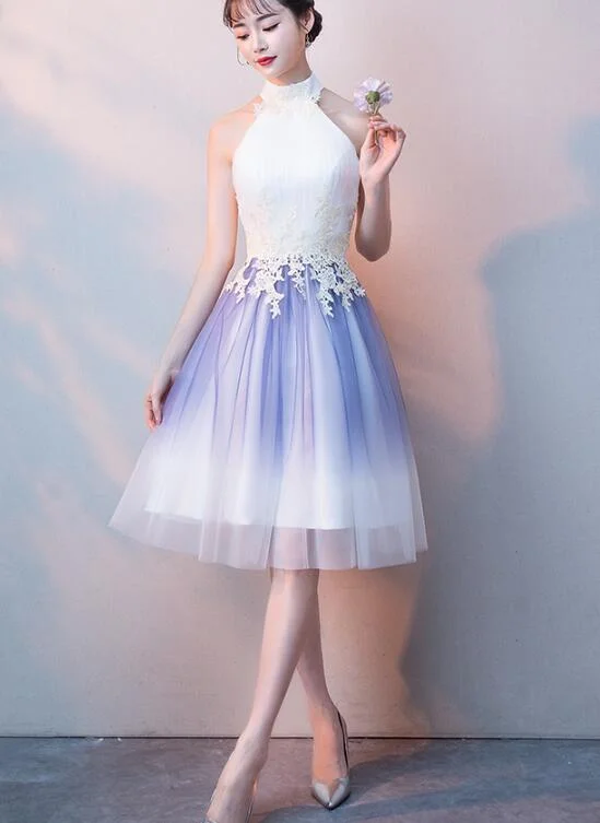 Cute Halter Tulle A-Line Knee Length Party Dress, Light Purple Homecoming Dress cg1792 Tunics Silk luxurious