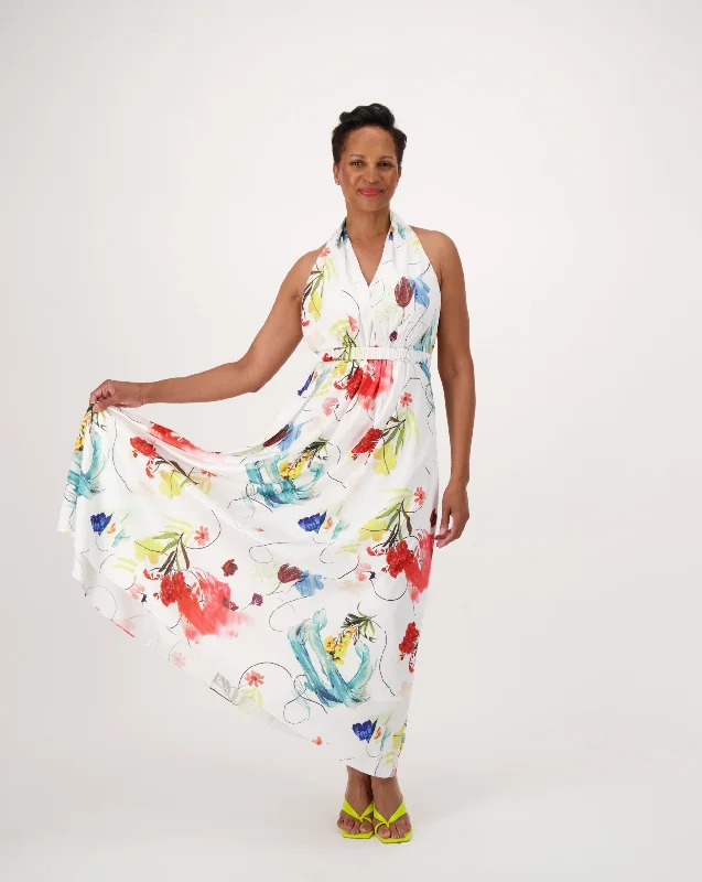 White Garden Print Halter Neck Long Dress Tunics Corduroy durable