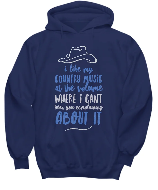 Country Music Hoodie - Funny Country Music Gift - "I Like My Country Music At The Volume" Hoodie with Exposed Zipper Edgy Industrial