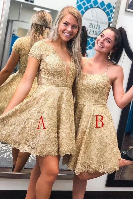 Unique Gold Lace Short Beauty Homecoming Party Dresses For Teens  cg4410 Satin Halter Glamorous