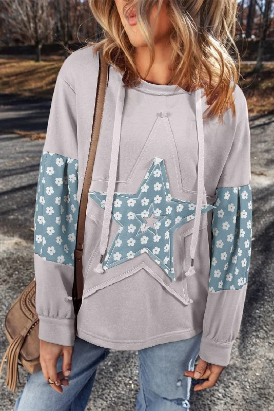 Beau Blue Floral Patchwork Star Pattern Drawstring Hoodie Hoodie with Rhinestones Sparkly Elegant