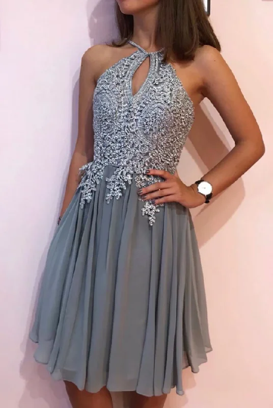 Gray chiffon lace short party dress gray chiffon lace homecoming dress cg4978 Tunics Polka dots
