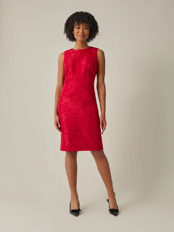 Waist Band Sheath Dress, Floral Jacquard Crew Neckline Casual