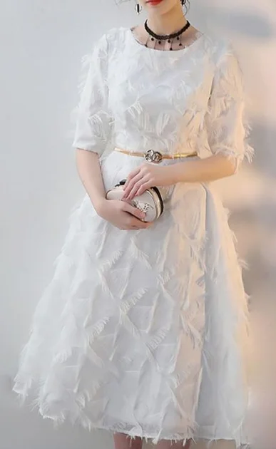 Homecoming Dresses White Feathers Tea Length Party Dress with Sleeves cg3845 Tunics Office stylish