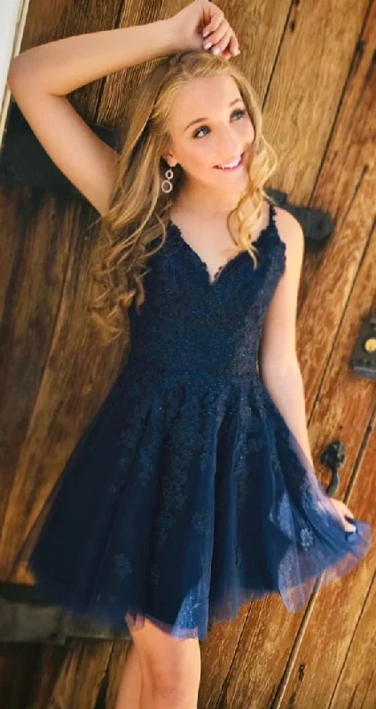navy blue short homecoming dresses, semi formal party dresses, lace hoco dresses  cg5114 Satin Halter Glamorous