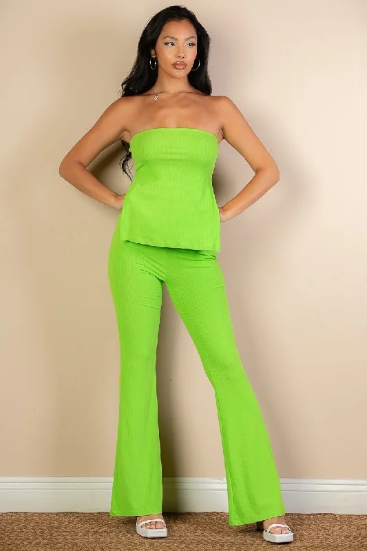 Textured Bandeau Top with Side Slit & Flared Pants Ensemble Comfortable Fleece Pants