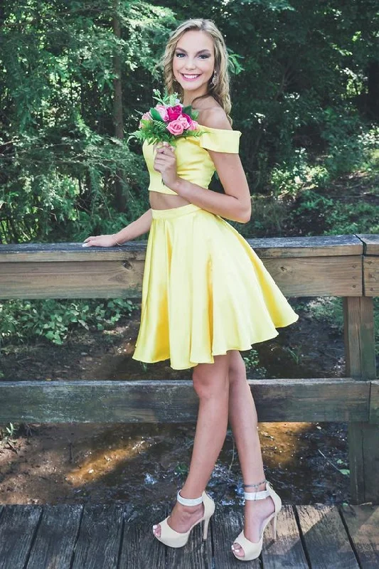 Off the Shoulder Two Piece Party Dress, Yellow Short Homecoming Dress  cg4795 Tunics Prom sequined