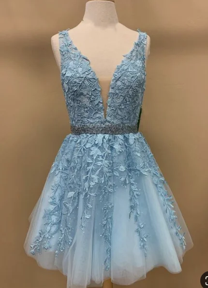baby blue lace v neck tulle homecoming dresses 2019 cute party dress cg4428 Glittery Long Formal