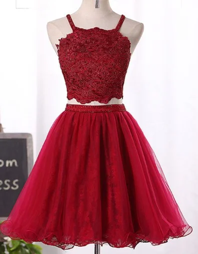 Wine Red Two Piece Tulle and Lace Homecoming Dress, Lovely Party Dresses 2019 cg2713 Tunics Spring floral