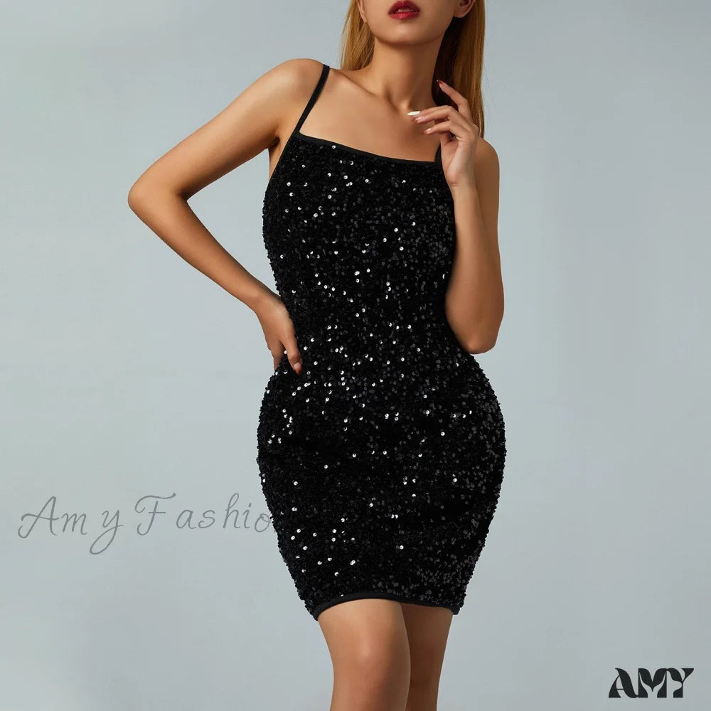 Amy Fashion - Sleeveless Sparkle Sequins Slim Mini Sexy Party Dress Square Neckline Feminine