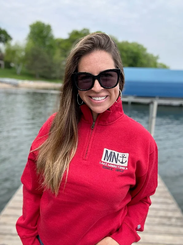Minnesota MN Patch 1/4 Zip Sweatshirt [Red] Hoodie with Raw Hem Edgy Unfinished