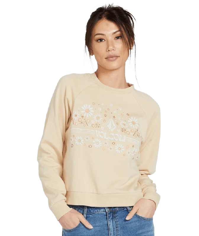 VOLCOM Women's Truly Deal Crew Sweatshirt Khaki Hoodie with Cuffed Sleeves Snug Secure
