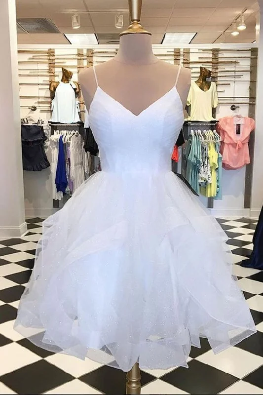 White tulle layered V neck short homecoming dress, white A line party dress cg1634 Tunics Seasonal trendy
