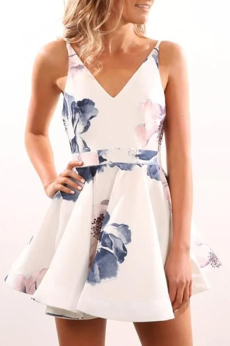 Spaghetti Straps V-Neck Homecoming Dress,Print Satin Short Party Dress cg4518 Tunics Trendy modern