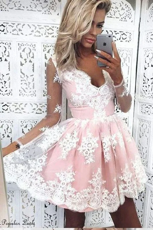 short pink homecoming dress, pink lace short homecoming dress party dress dancing dress cg295 Tunics Business professional