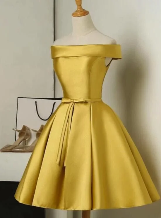 Gold Short Party Dress, Simple Off Shoulder Homecoming Dress  cg221 Tunics Ceremony elegant