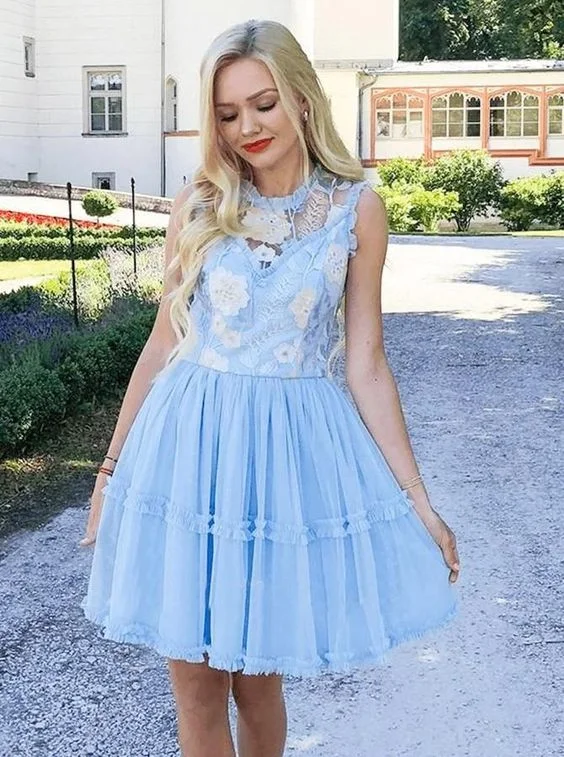 A-Line Jewel Short Blue Tulle Homecoming Party Dress with Lace cg4007 Tunics Lace romantic