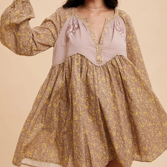 Women's L/S Embroidered Floral Babydoll Dress in Fawn Tunics Long Elegant