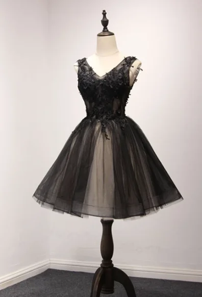 Black v neck tulle lace short party dress, homecoming dress cg4719 Tunics Brand named
