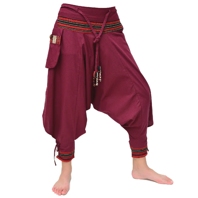 Samurai Pants Harem Pants Ninja Pants Men Women Marsala Red Comfortable Denim Trousers