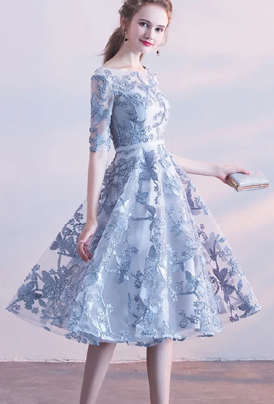 blue tulle lace short party dress, blue homecoming dress cg4989 Crew Neckline Casual