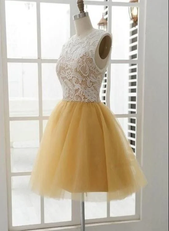Beautiful Champagne And Tulle Lace Round Neckline Short Party Dress, Lovely Homecoming Dresses  cg4817 Tunics Evening elegant