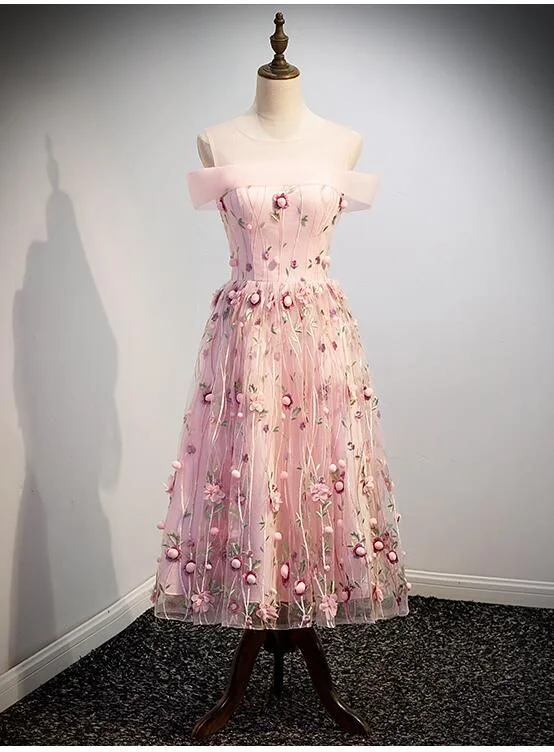 Lovely Pink Tulle Tea Length Floral Dress, Cute Pink Party Dress cg4088 Tunics Top Casual