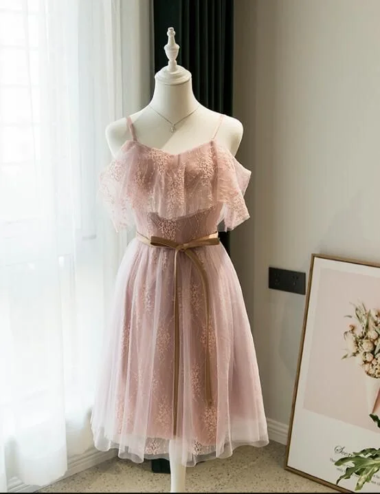 Lovely Pink Off Shoulder Knee Length Formal homecoming Dress, Cute Party Dresses  cg7650 Tunics Satin smooth