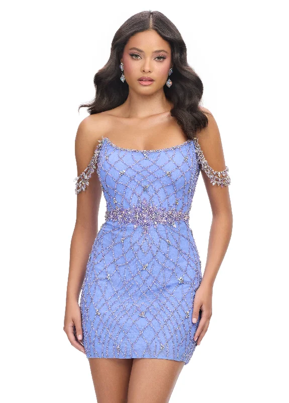 Ashley Lauren 4702 Beaded Cocktail Dress Off Shoulder Beads Short Crew Neckline Sporty