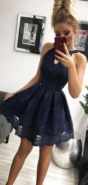 Navy Lace Halter Simple Party Dresses Homecoming Dresses cg1942 Tunics Top Casual