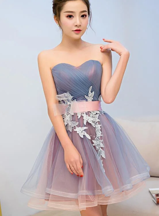Cute Blue And Pink Knee Length Homecoming Dress With Belt, Lovely Party Dresses cg1793 Tunics Satin smooth
