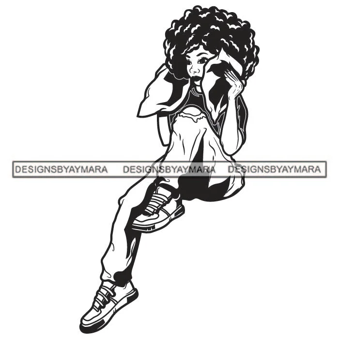 Melanin Woman Sitting Wearing Pant Sneakers Curly Hair Holding Money Stacks Black And White SVG JPG PNG Vector Clipart Cricut Silhouette Cut Cutting Chic Slim Fit Pants