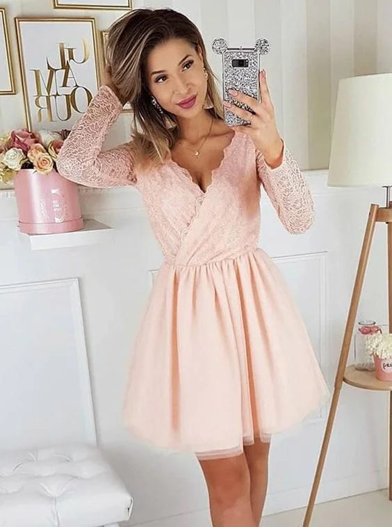 Ball Gown Dresses, A-Line V-Neck Pink Long Sleeves Homecoming Party Dress with Lace  cg6651 Tunics Business professional