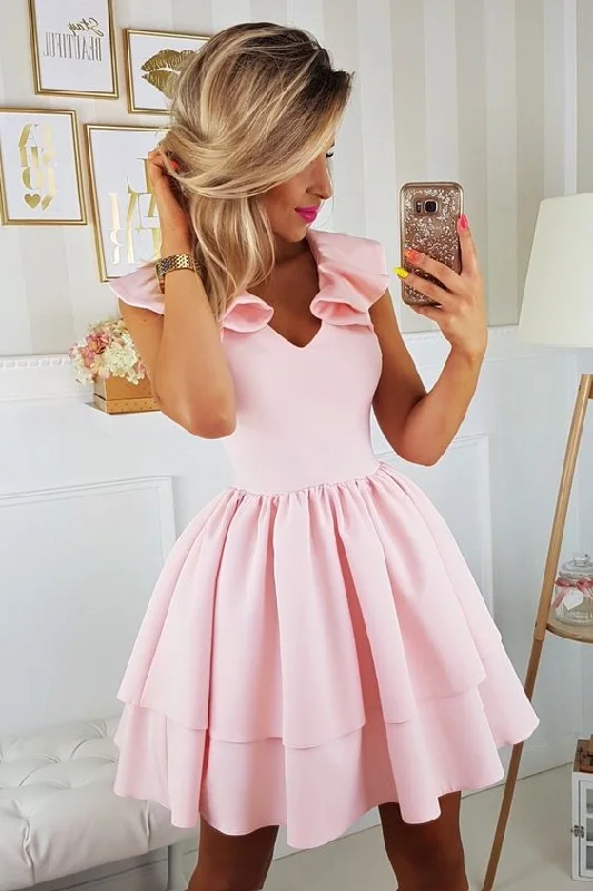 A-Line V-Neck Cap Sleeves Above-Knee Pink Tiered Homecoming Party Dress cg1581 Tunics Brand named