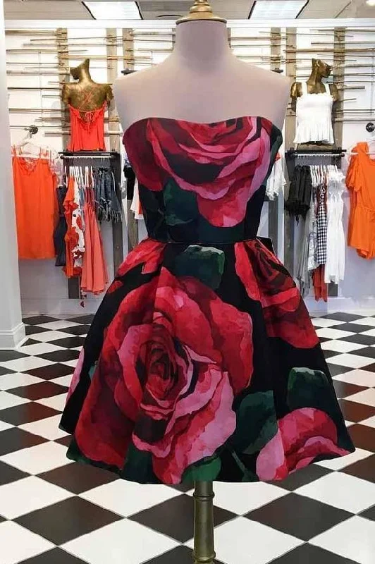 Floral Print Homecoming Dress Strapless Short party Dresses cg4438 Tunics Practical easy-care