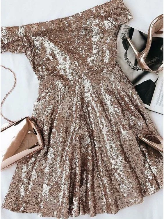 stunning gold seuqins homecoming dresses, off the shoulder cocktail party dresses, short sleeves homecoming dresses cg2587 Tunics Favorite customer